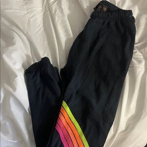 Aviator Nation Black Joggers with Rainbow Stripes